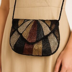 Vintage Art Deco Beaded Crossbody Evening Bag Black Gold Silver Bronze Flap
